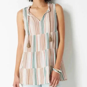 J. Jill Blouse Striped Tasseled Tiered Tunic Top Cotton Brown Teal Cream Size XL